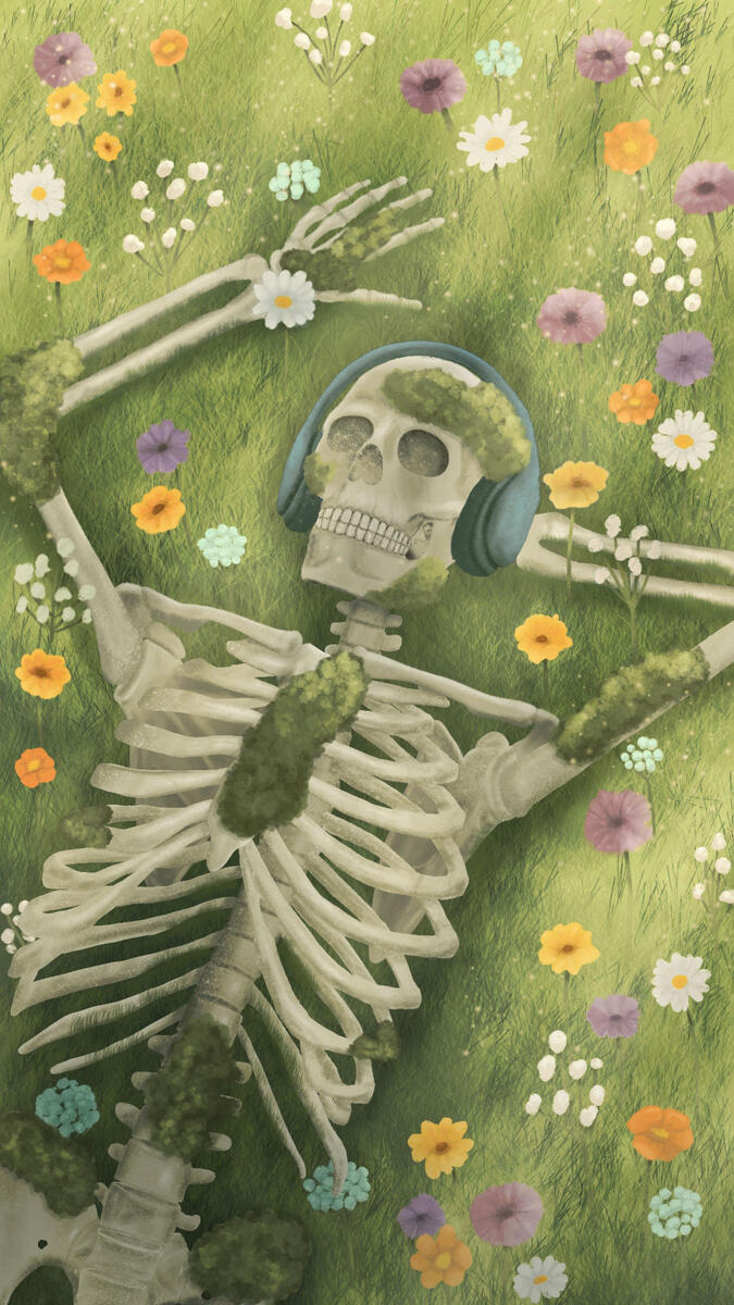 A skeleton with headphones lying on a flower field