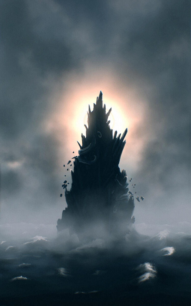 A drawn image of a sharp mountain rising out of a stormy ocean, with tentacles wrapping around it.