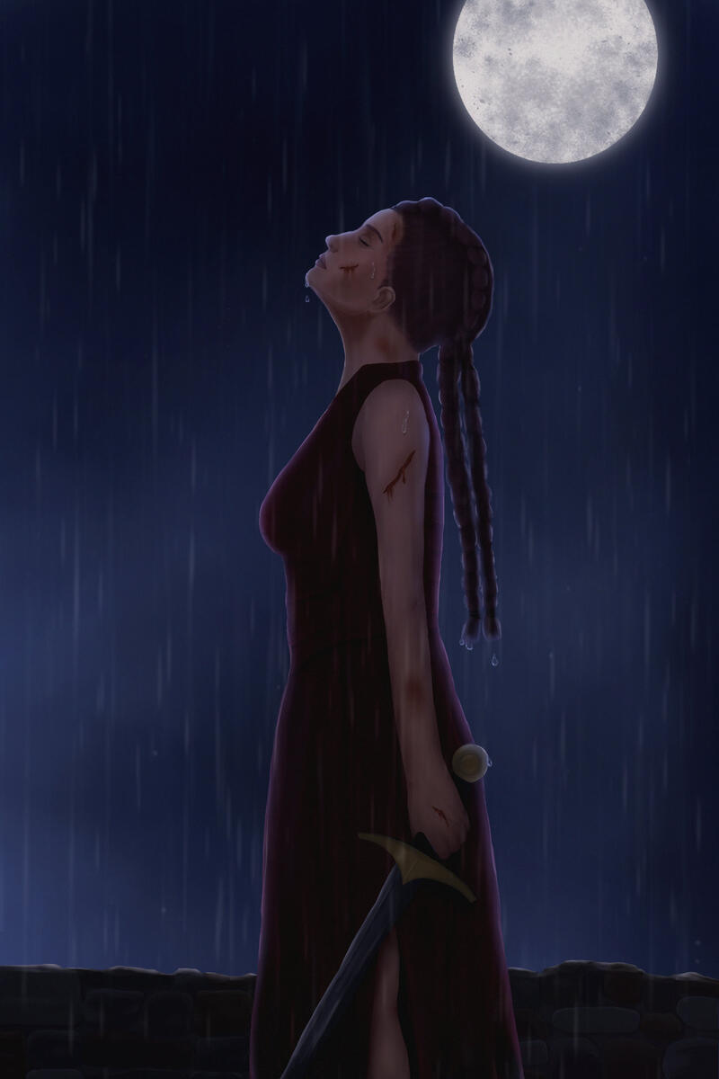 A woman is standing in the rain looking up at the sky while holding a sword. She is bleeding and battered. The moon is high on the sky.