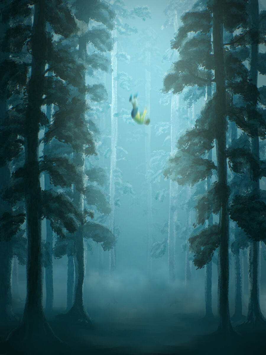A digital painting of a boy falling from the sky into the arms of a forest