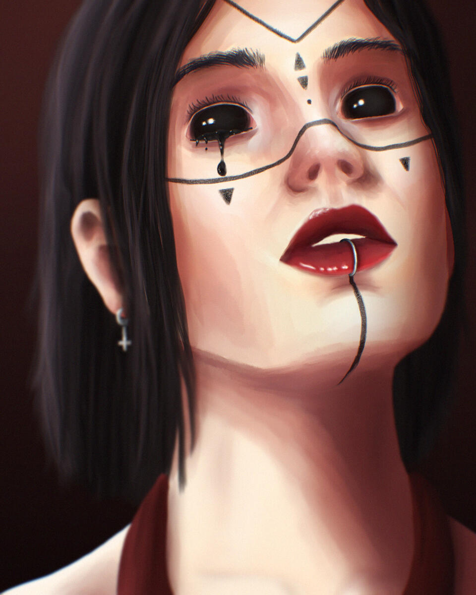 A painted image of a woman with black eyes and black facial tattoos.