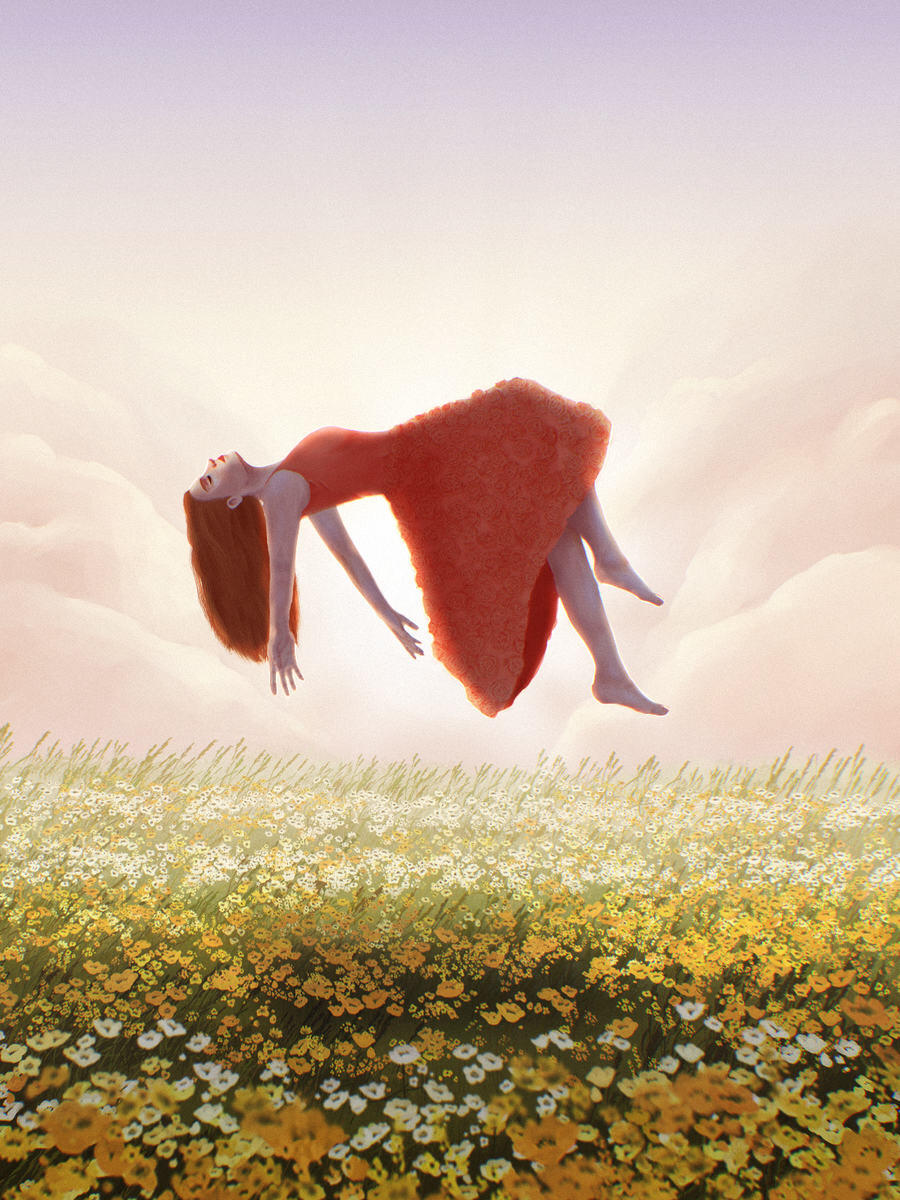 A drawn picture of a woman floating above a flower field.