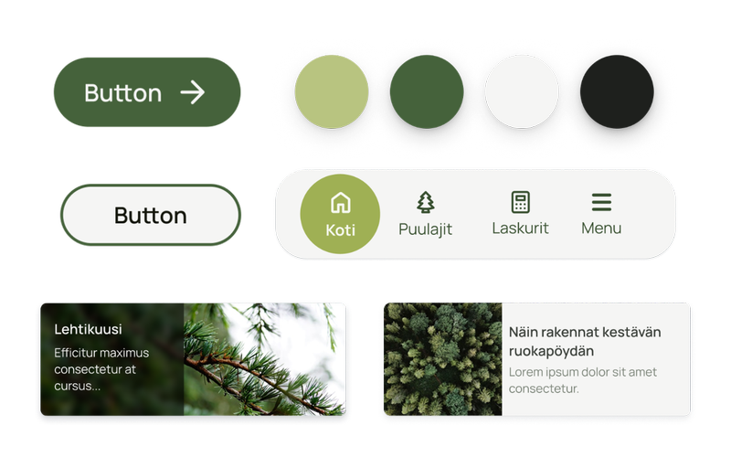 Buttons, navbar and two cards from the Puupankki design system