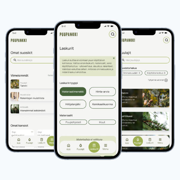 Three mobile phones showing the Puupankki app